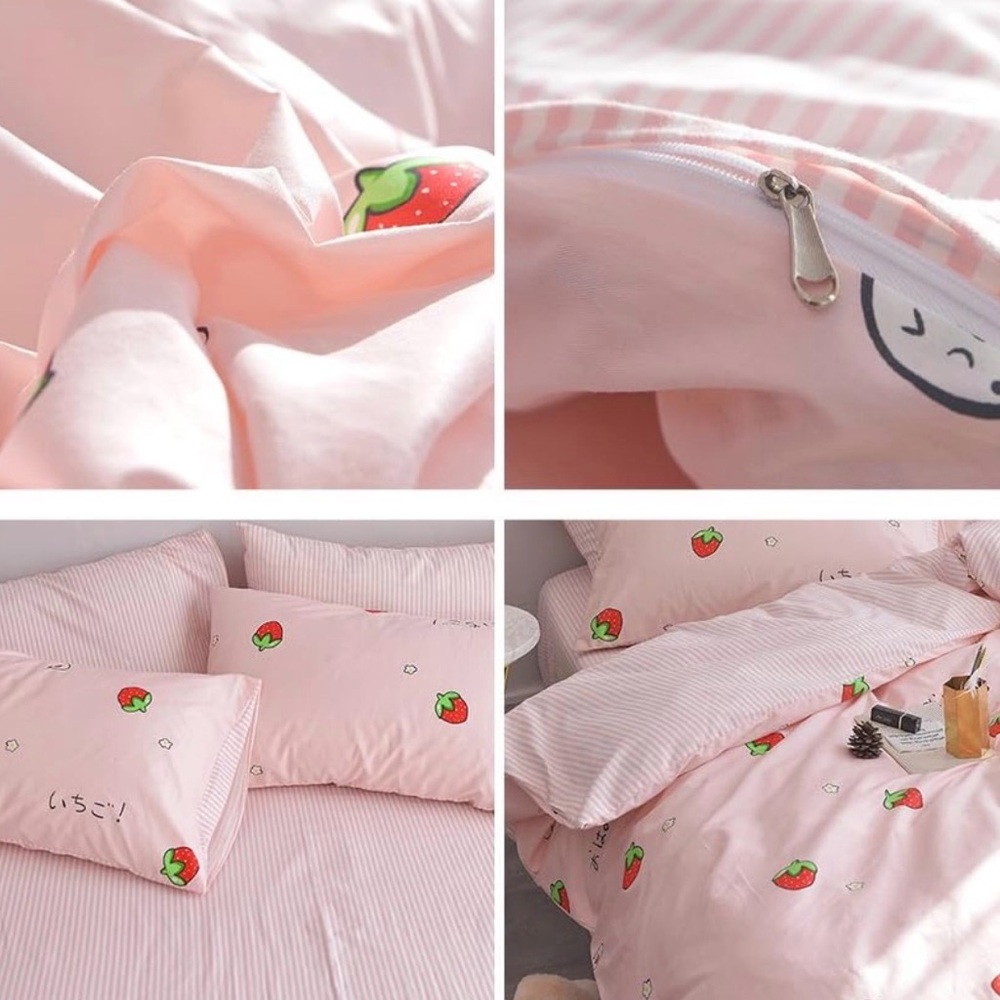 NWT New Kawaii Strawberry Pink Full Queen Bedding Duvet Cover Pillow Sham Set - Picture 2 of 6
